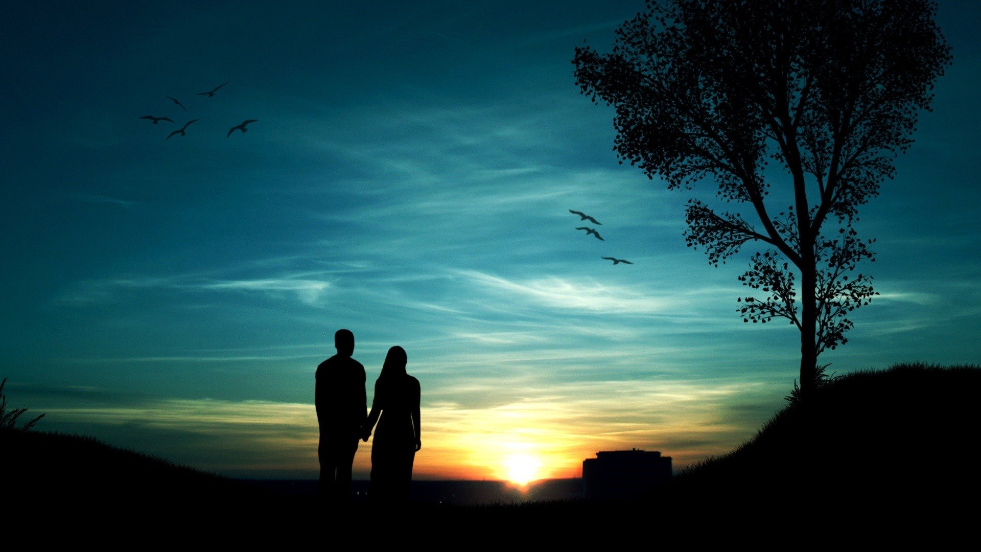 garçon fille coucher de soleil ciel soleil arbre oiseaux