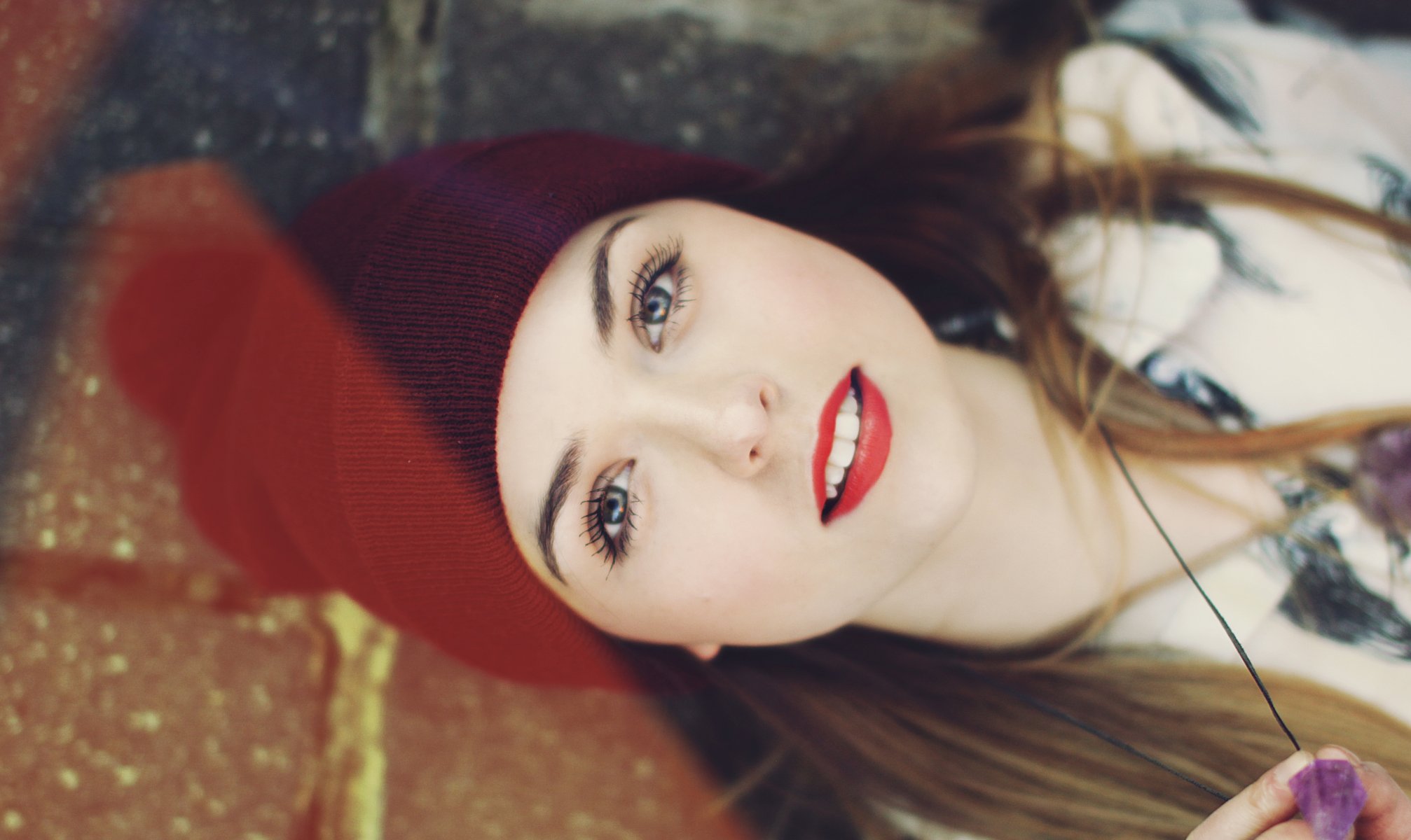 mood girl face makeup eyes look eyelashes lips lipstick teeth hat beanie blur background wallpaper widescreen fullscreen widescreen widescreen