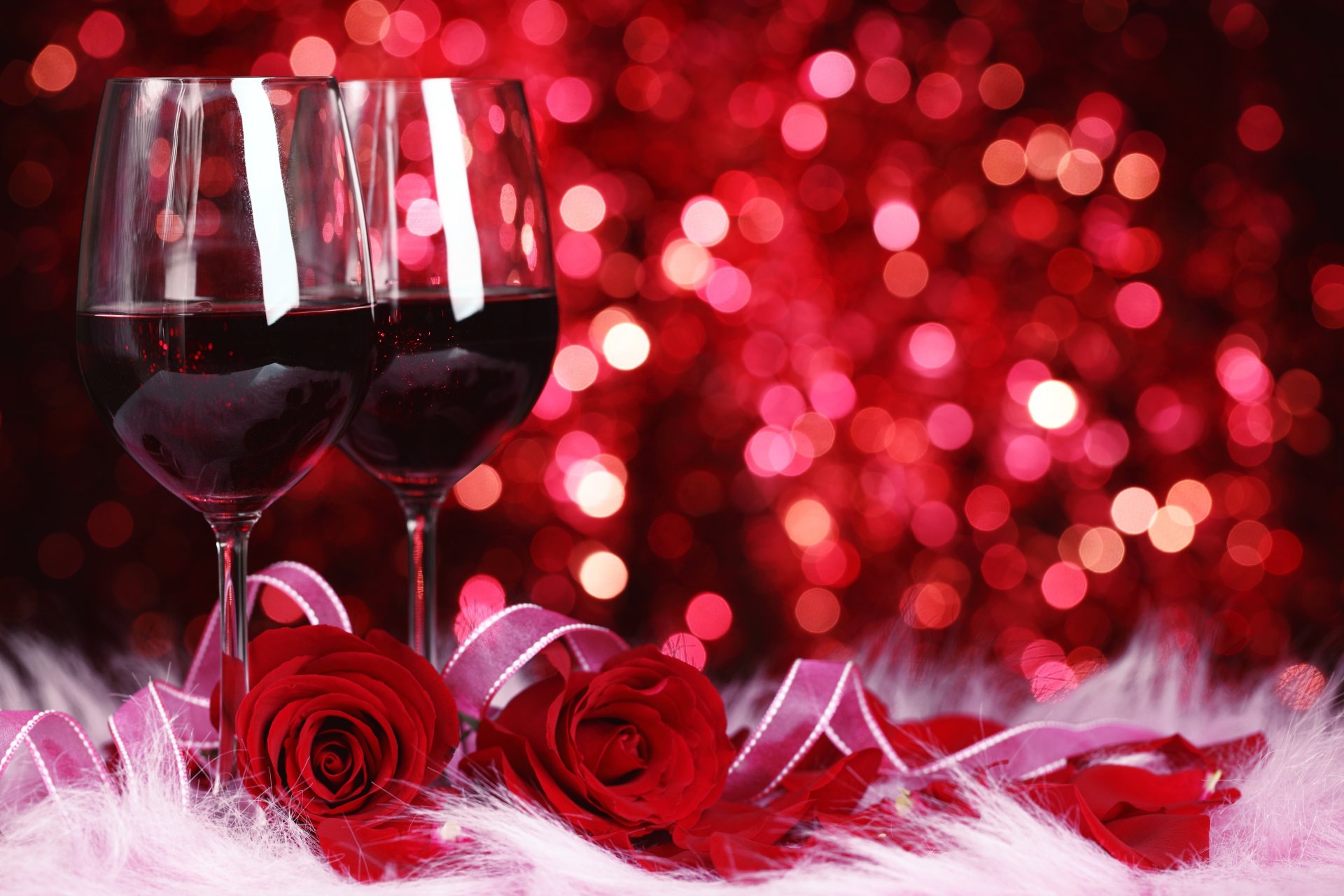 wine red glasses roses red flowers bokeh