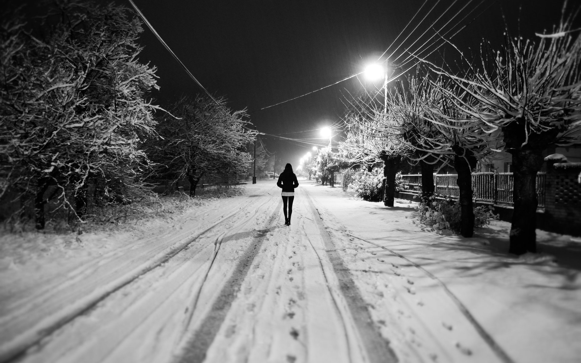 calle invierno nieve linternas blanco niña árboles