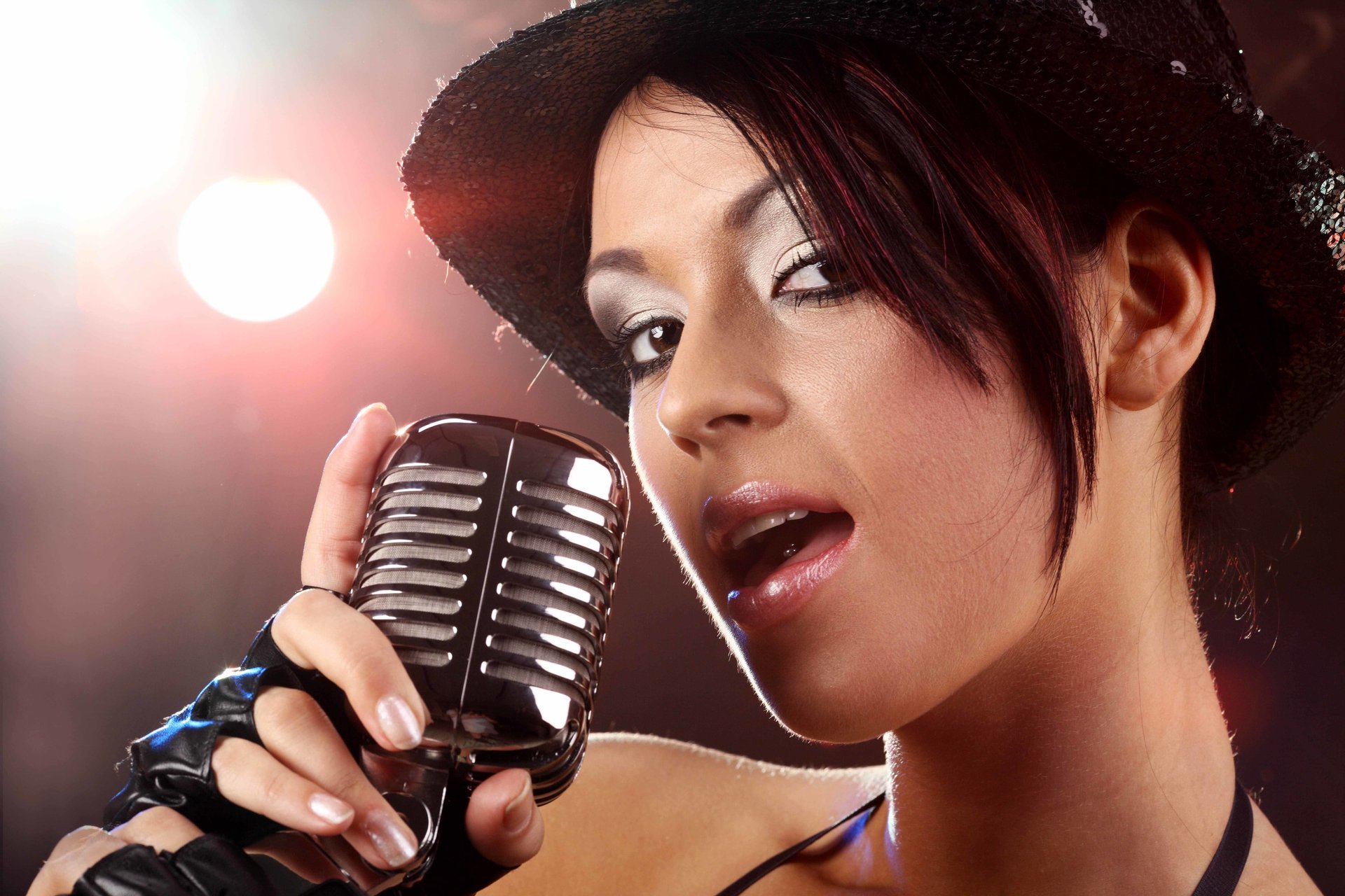 mood music beautiful singing girl to retro microphone blur bokeh