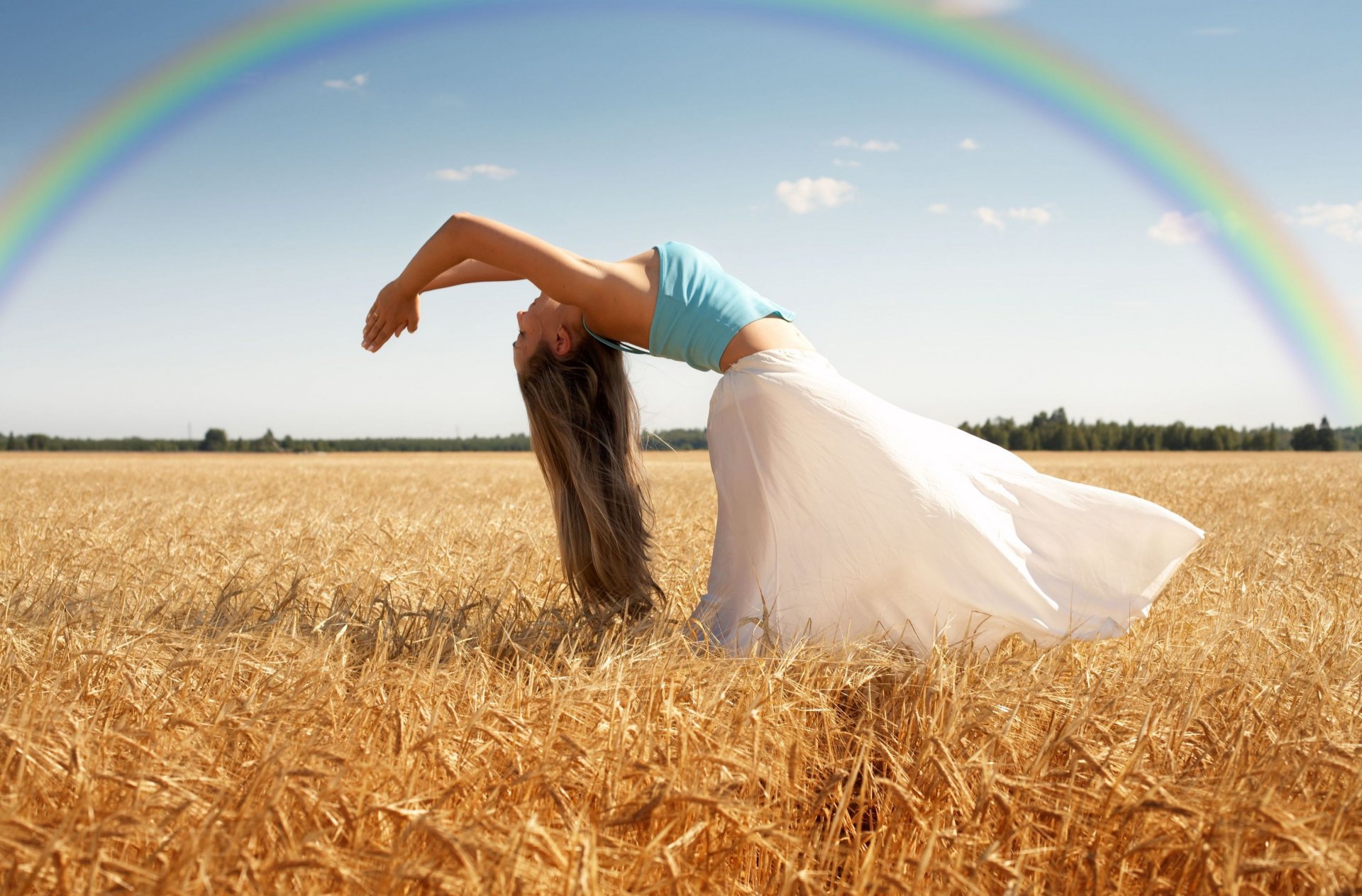 mood girl bend pose movement action body hands field wheat rye nature sky rainbow trees tree leaves foliage background wallpaper widescreen fullscreen widescreen widescreen