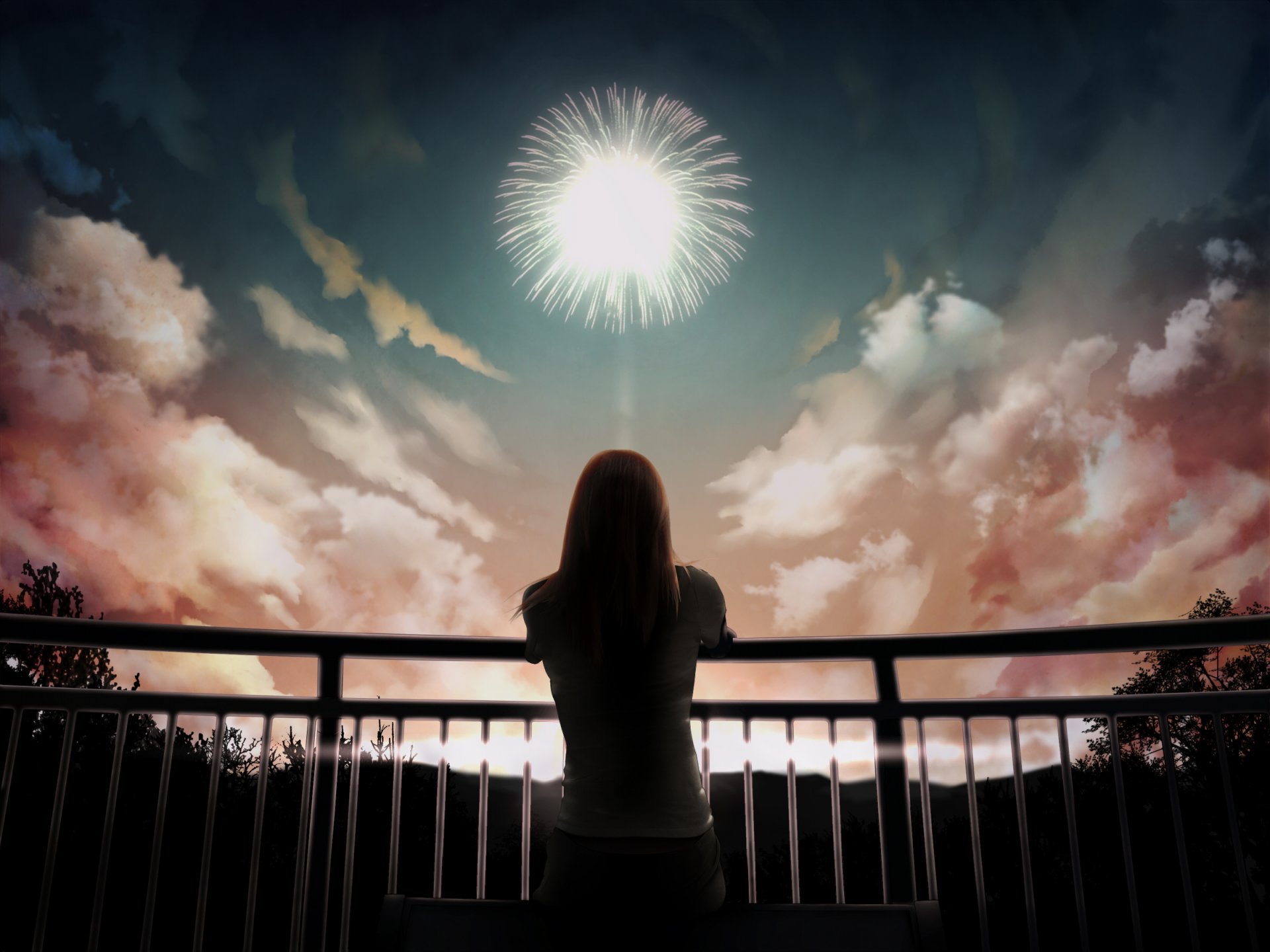 art girl back fireworks sky rails cloud