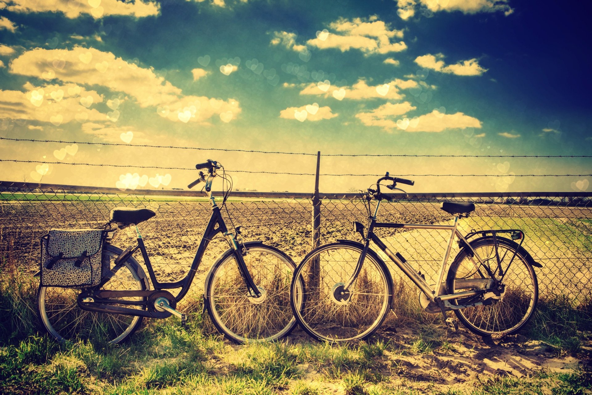 stimmung fahrrad räder natur gras grün zaun zaun gitter draht himmel wolken hintergrund tapete widescreen vollbild widescreen widescreen