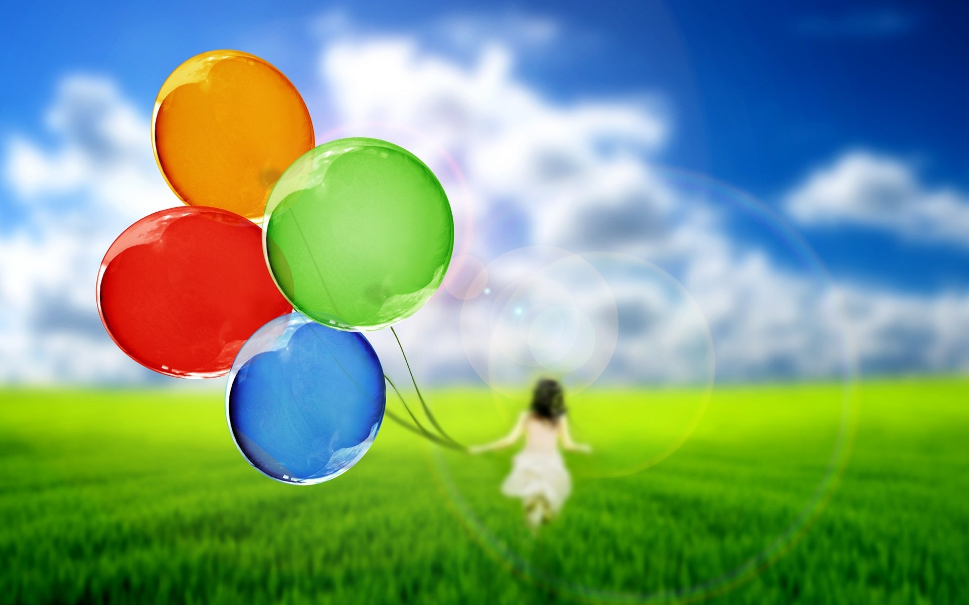 mood balloons bulbs girl silhouette nature grass green sky background wallpaper widescreen full screen hd wallpaper