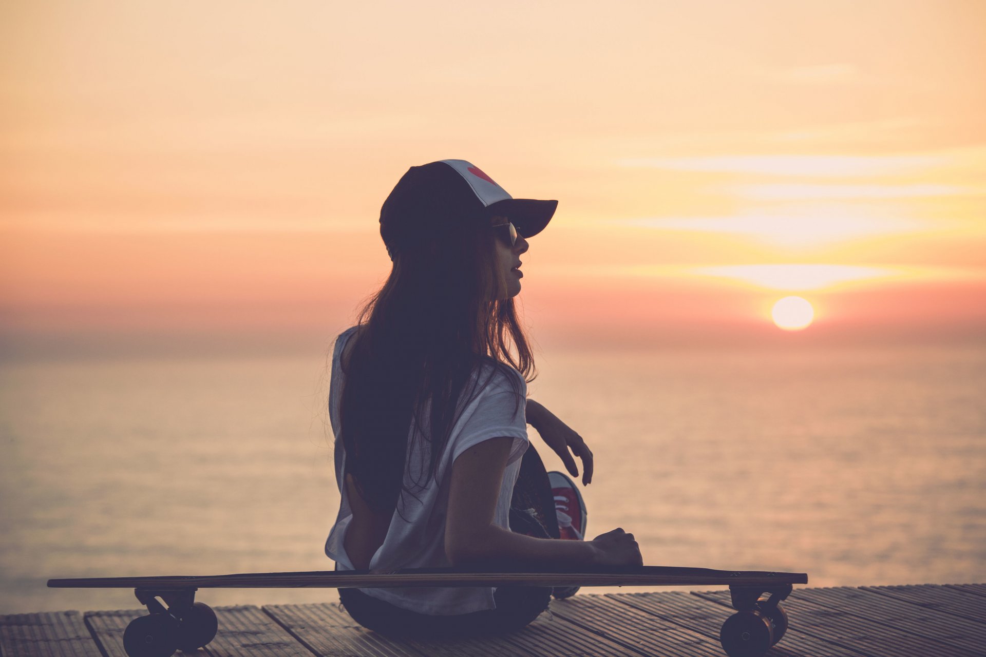 mood girl cap sunglasses skateboard board sea river sunset sun background wallpaper widescreen full screen hd wallpaper