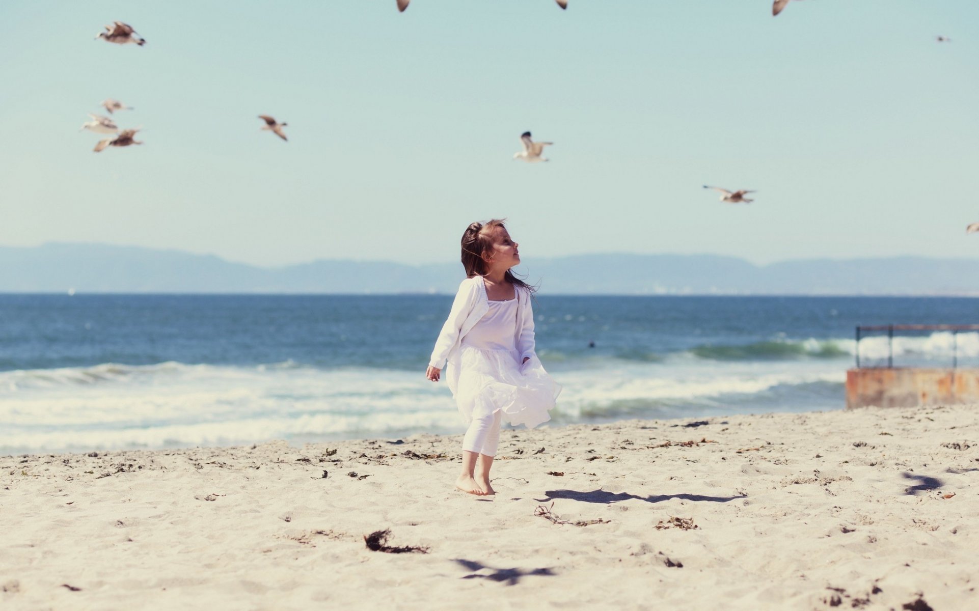 moods children girl birds birds beach sand footprints sea water wave wind background wallpaper widescreen fullscreen widescreen widescreen