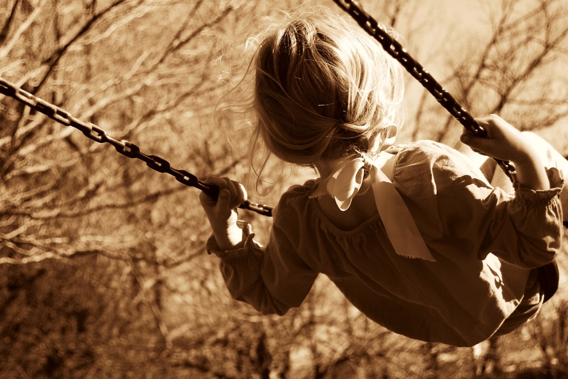 mood children girl child hair style bow belt ribbon childhood swing circuit string nature tree sepia background wallpaper widescreen full screen hd wallpapers fullscreen