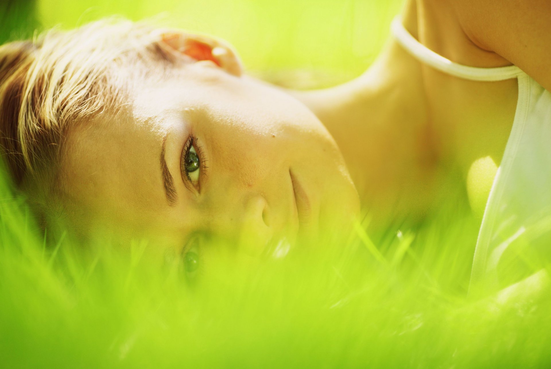 mood girl blonde hair view face eyes close up grass green meadow nature sun background wallpaper widescreen full screen hd wallpapers fullscreen