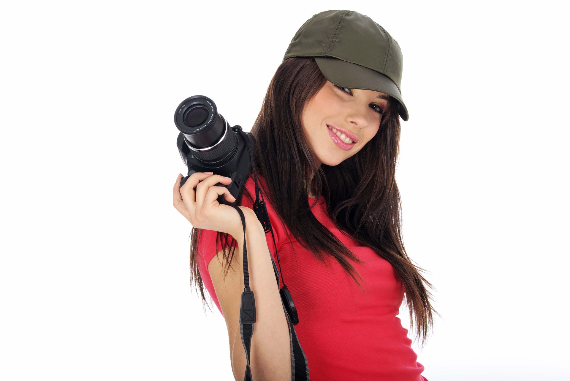 humor chica hermosa en gorra con cámara paparazzi sonrisa coqueta mirada