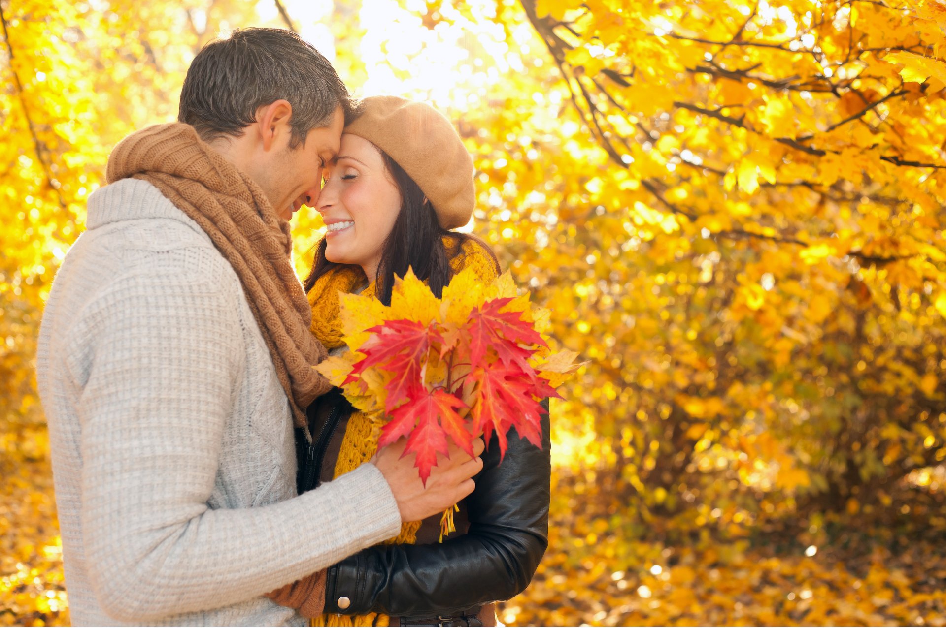 girl guy autumn leaves park