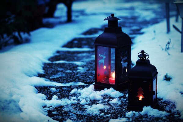 Lanterns on the winter road