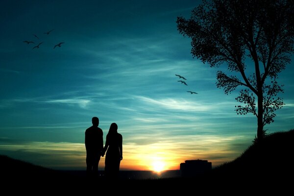 Wokół zakochanej pary, patrząc na zachód słońca, krążą ptaki