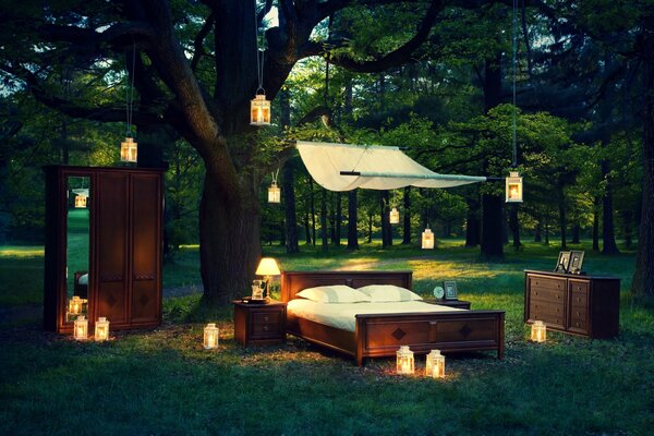 W lesie na zielonym trawniku stoi łóżko