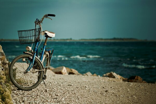 Foto atmosferica di una bicicletta in riva al mare