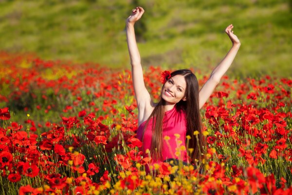 Chica en un campo de flores, hermosa chica