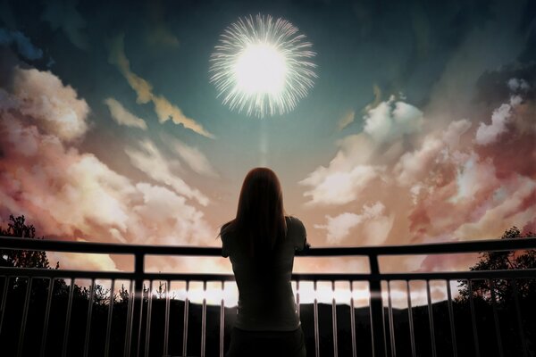 Fille regardant des feux d artifice dans le ciel