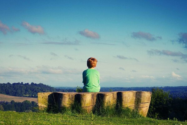 Il ragazzo in una maglietta verde guarda la natura to