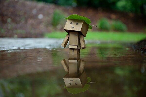 Reflection of a little man in a puddle