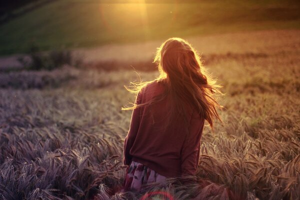 Ragazza in un campo di grano ai raggi del sole al tramonto