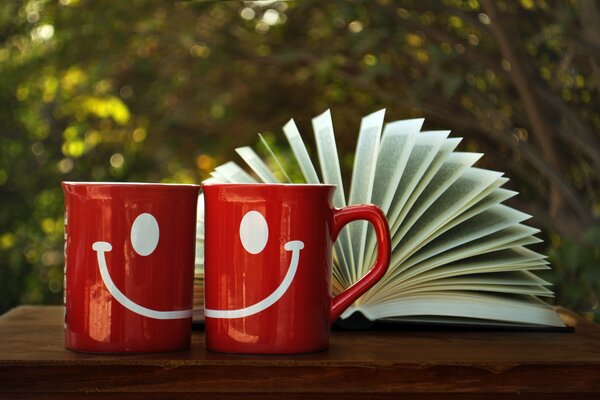 Two red mugs and a book