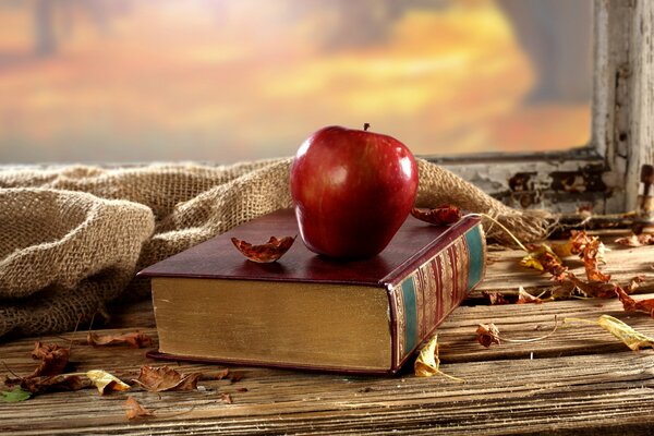 Pomme rouge sur le livre couché sur le rebord de la fenêtre