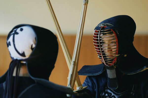 Japanese girls crossed bamboo training samurai swords