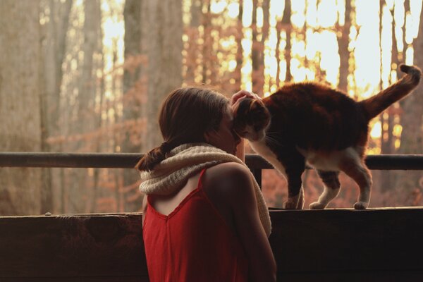 Fille avec une écharpe et un chat aimant