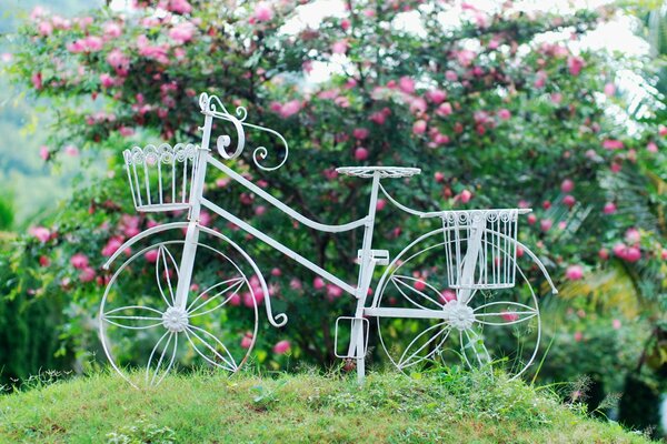 Инсталляция белого велосипеда в кустах цветущих