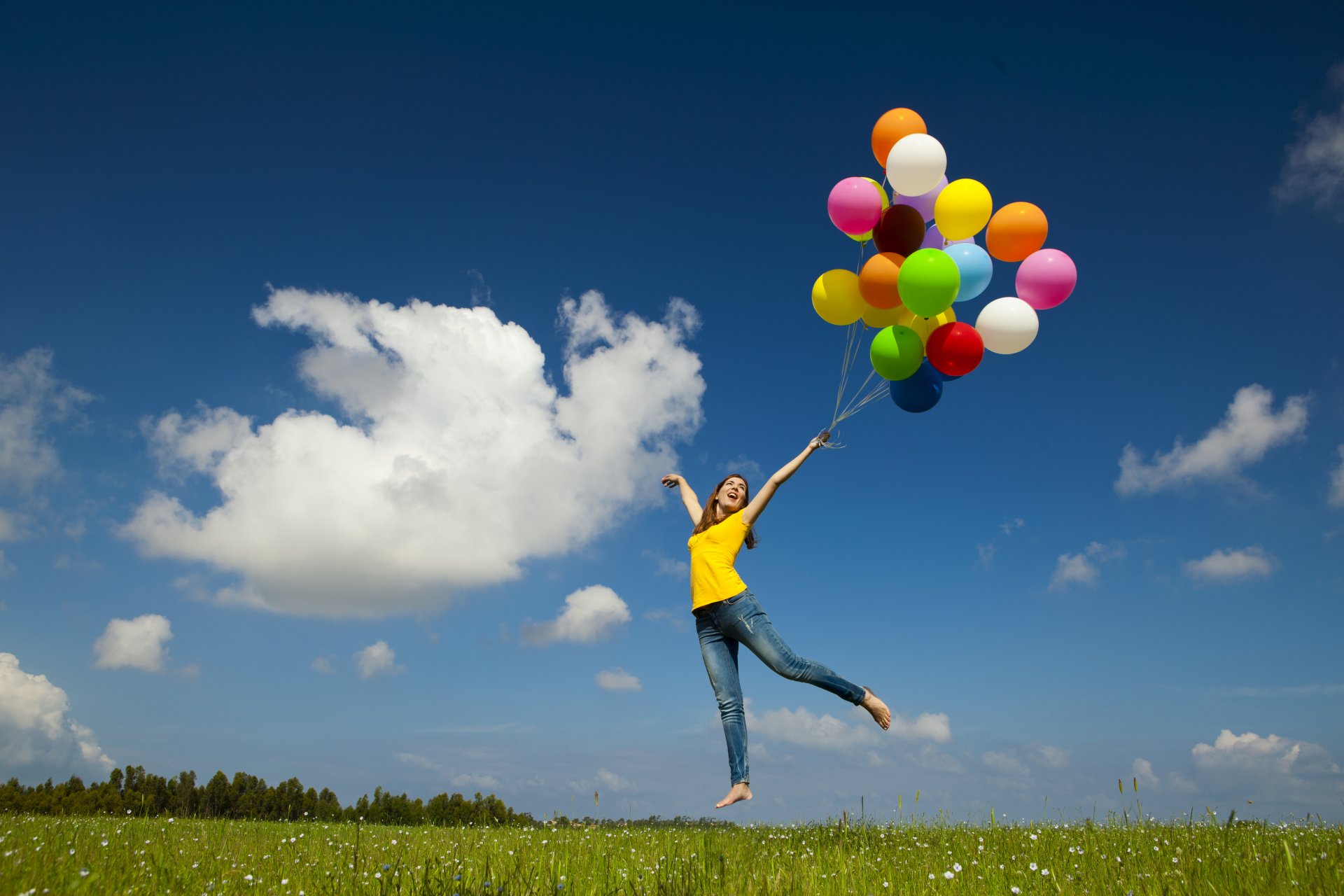 girl balloons balloons happiness joy flight soaring sky grass cloud