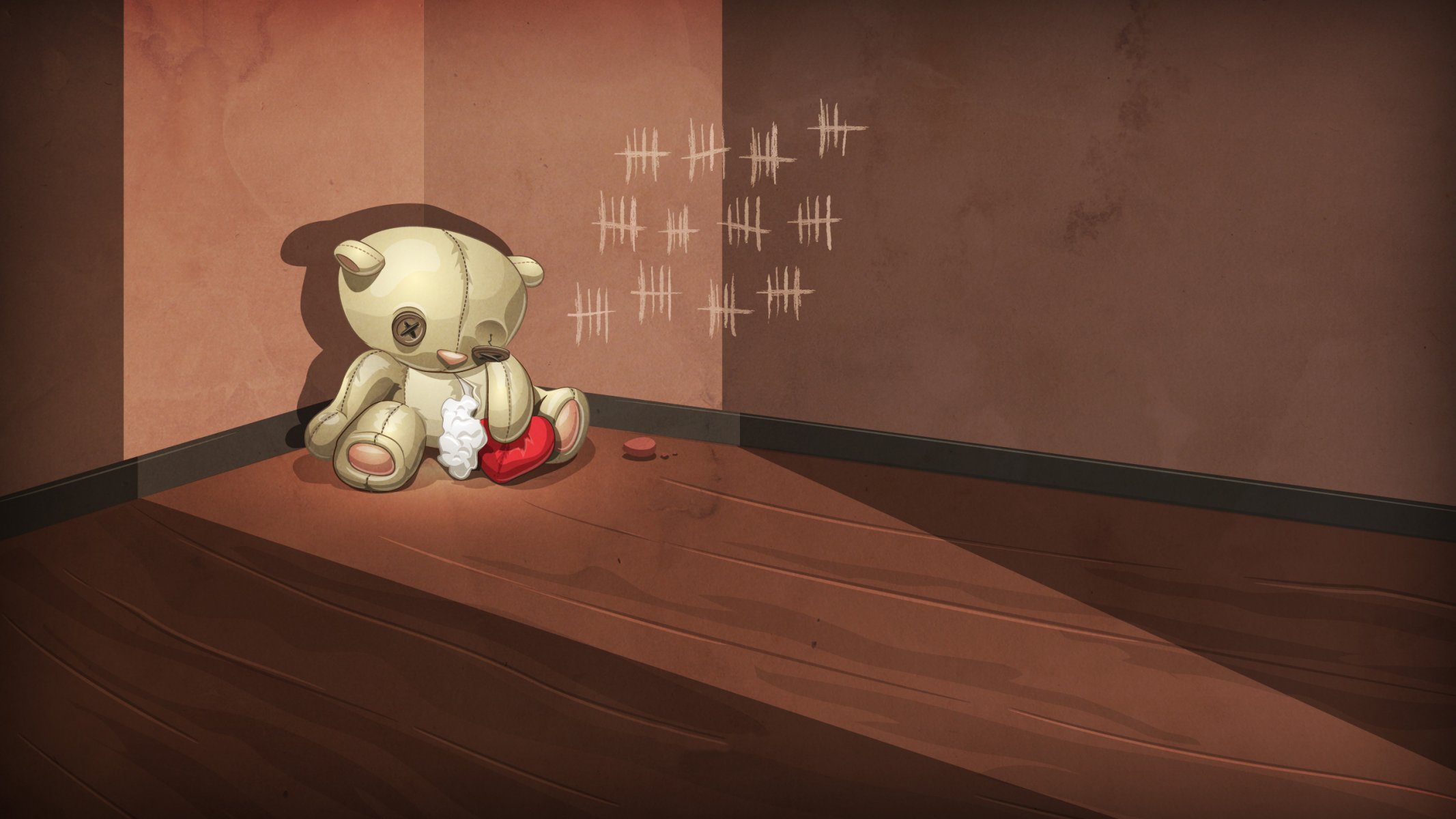 teddy bear bear toy cotton wool heart corner floor wall notches abandoned wounded loneliness sadness sadness betrayal