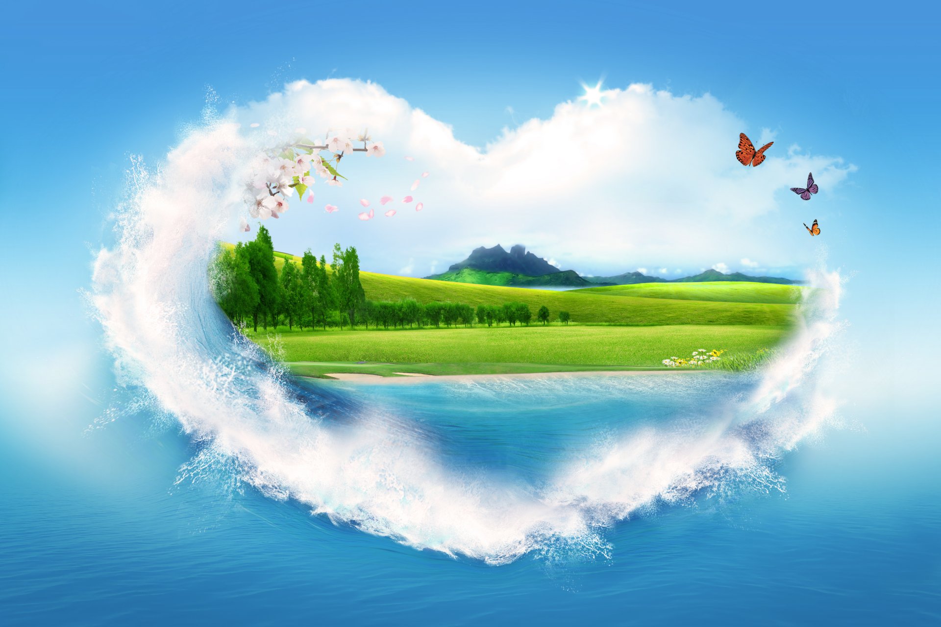 creative heart spray water sakura butterfly sea beach flower tree