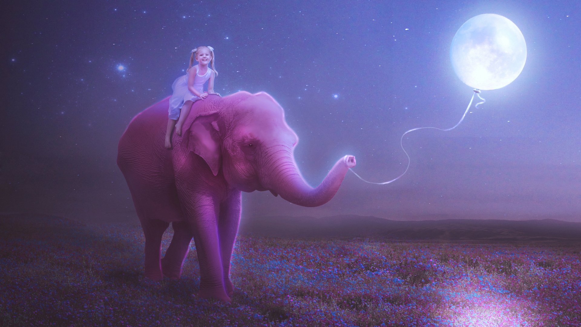 niña bebé elefante luna bola hilo patrón estado de ánimo felicidad sonrisa cielo noche estrellas flores prado rosa