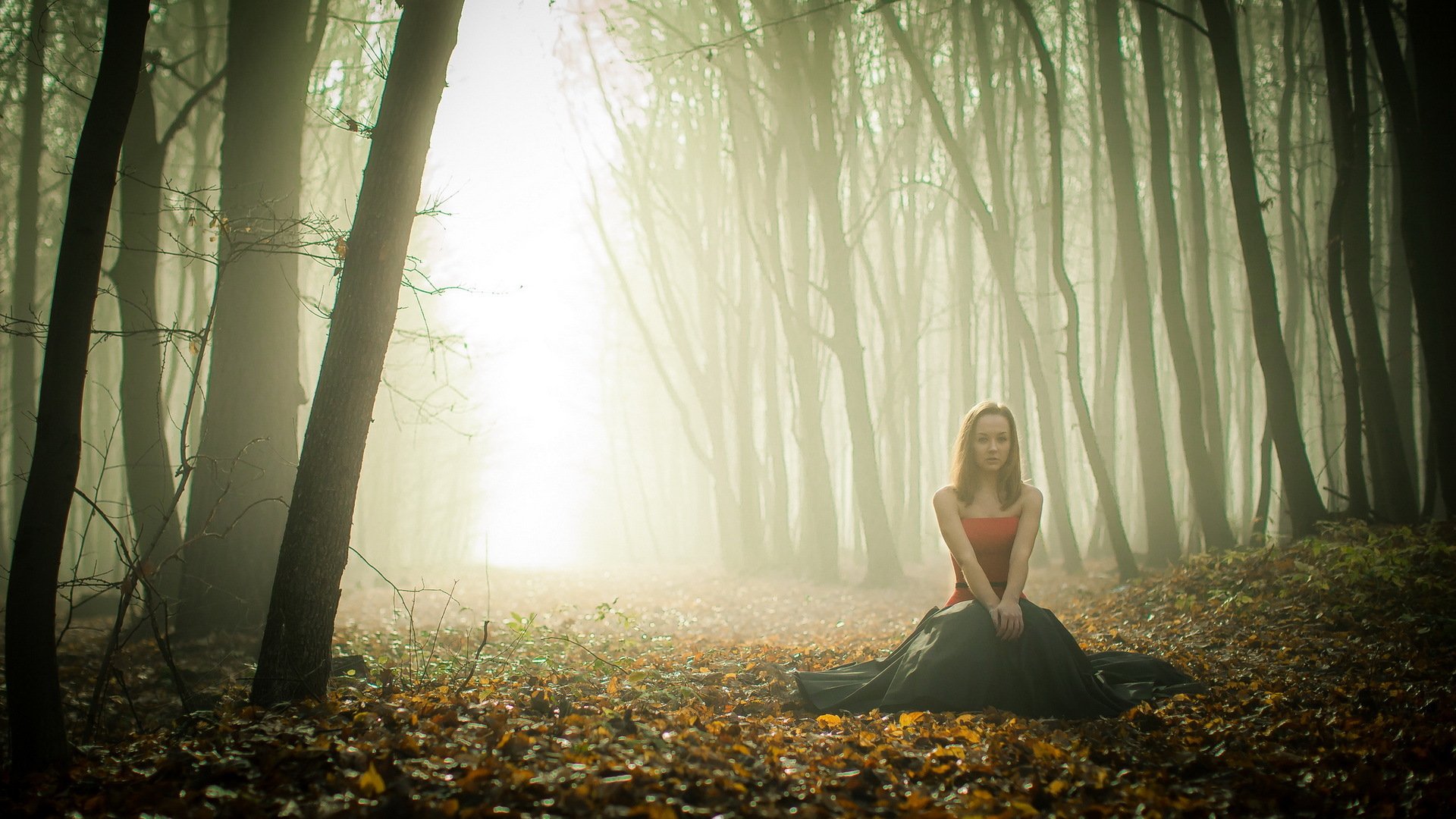 ragazza foresta nebbia autunno