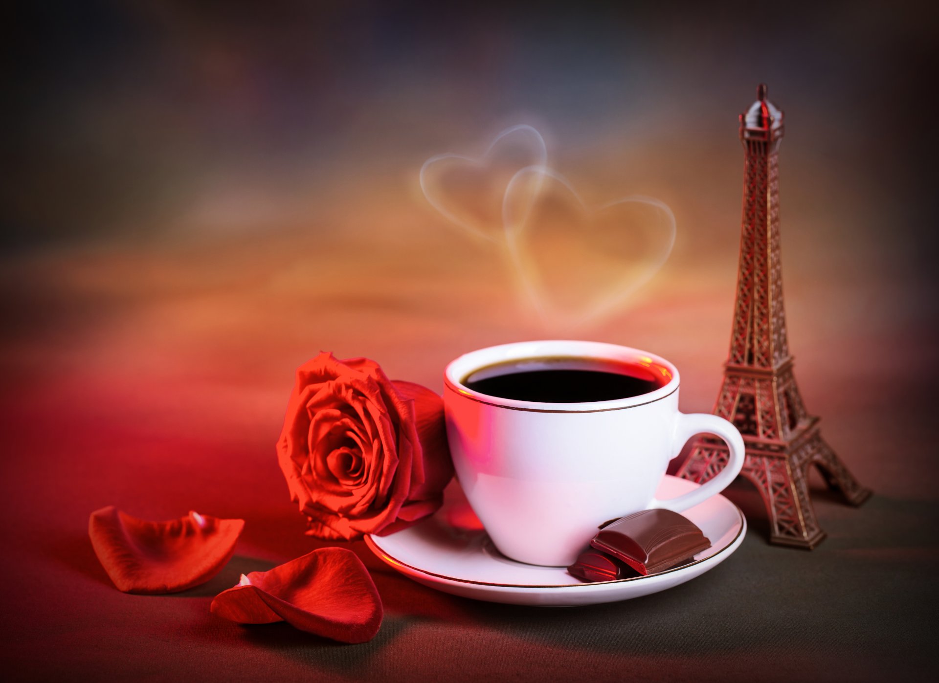 cup coffee rose red petals heart pairs chocolate la tour eiffel eiffel tower statue