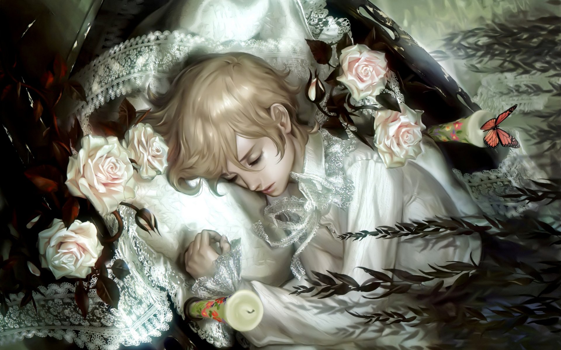 midori foo arte fantasía niño dormido cuento de hadas velas mariposa flores rosas rosadas niño dormido rosas mariposas