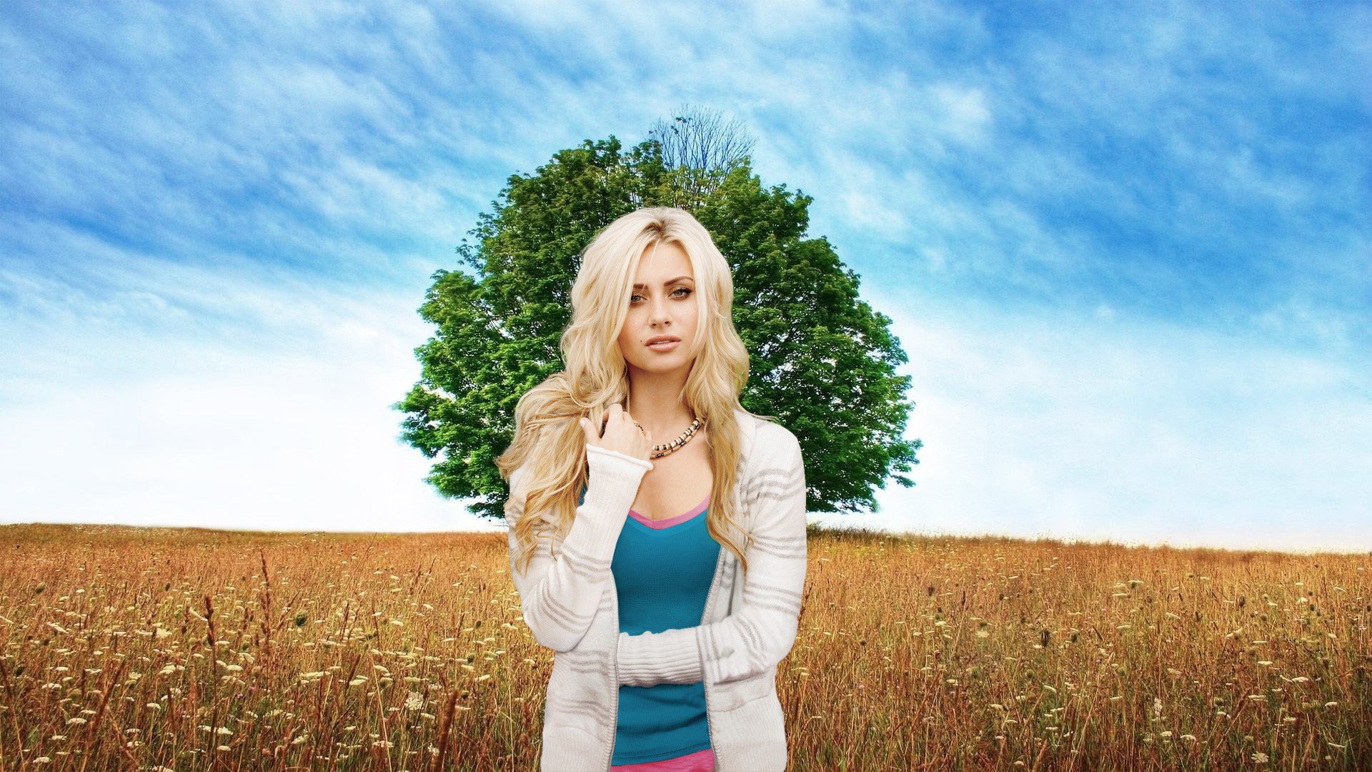 mädchen blond schön feld wiese baum himmel