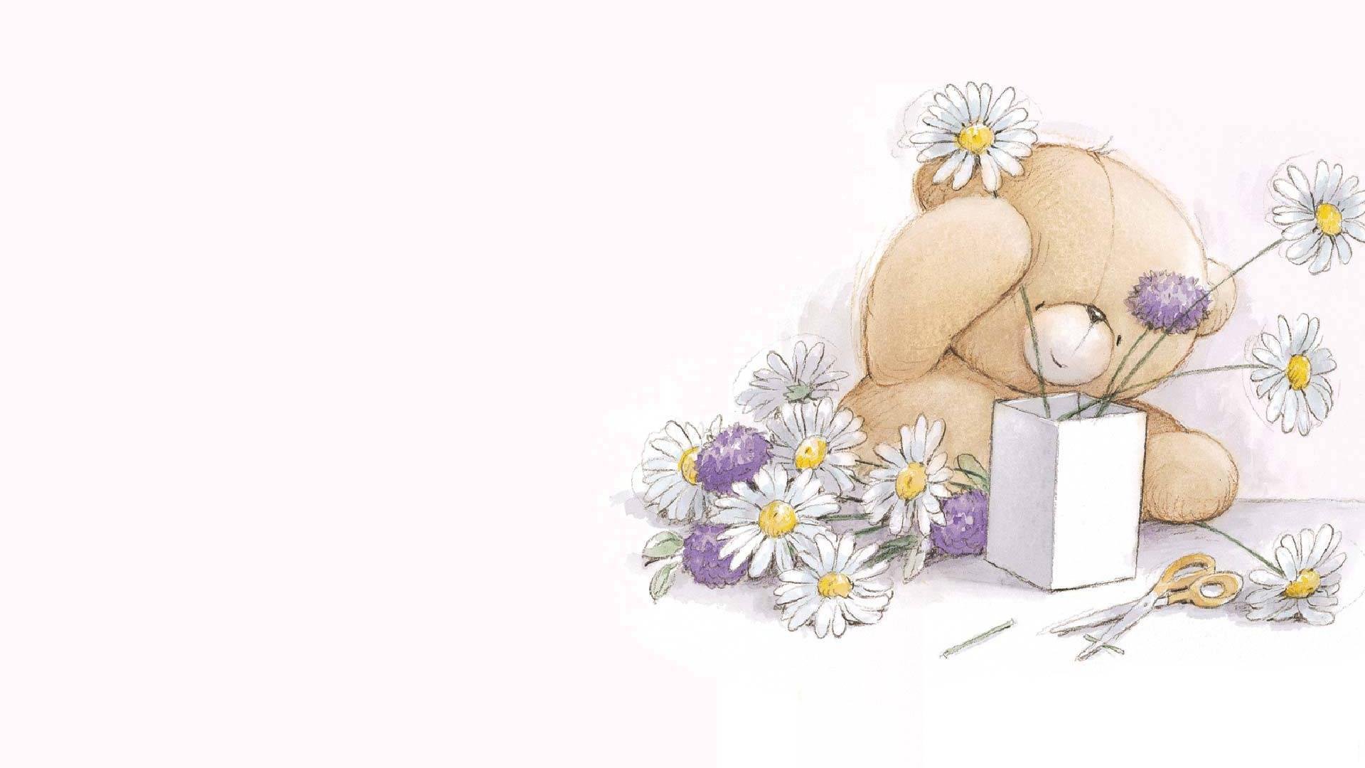 ours en peluche art dessin teddy bouquet marguerites pépinière