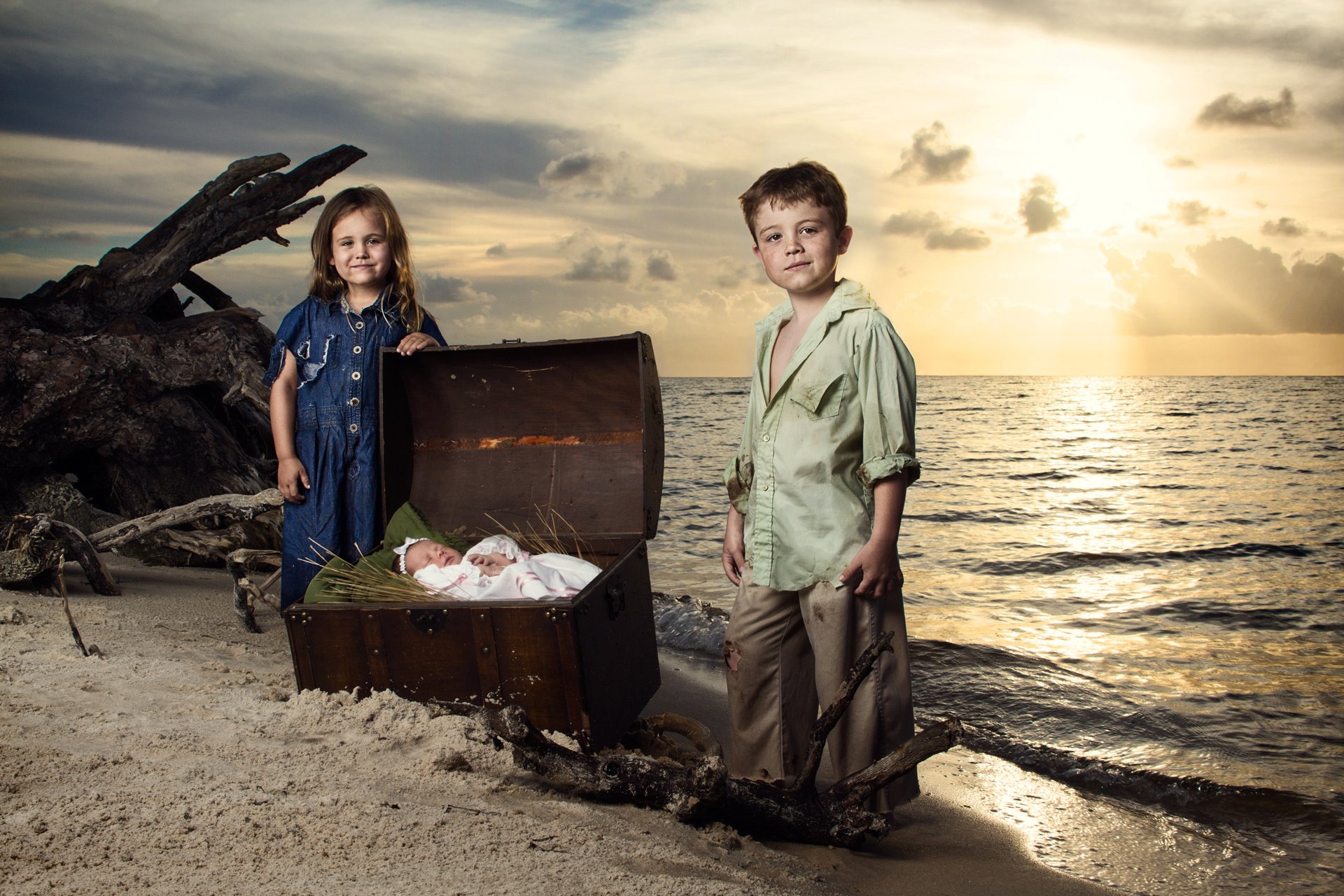 children sea night setting mood