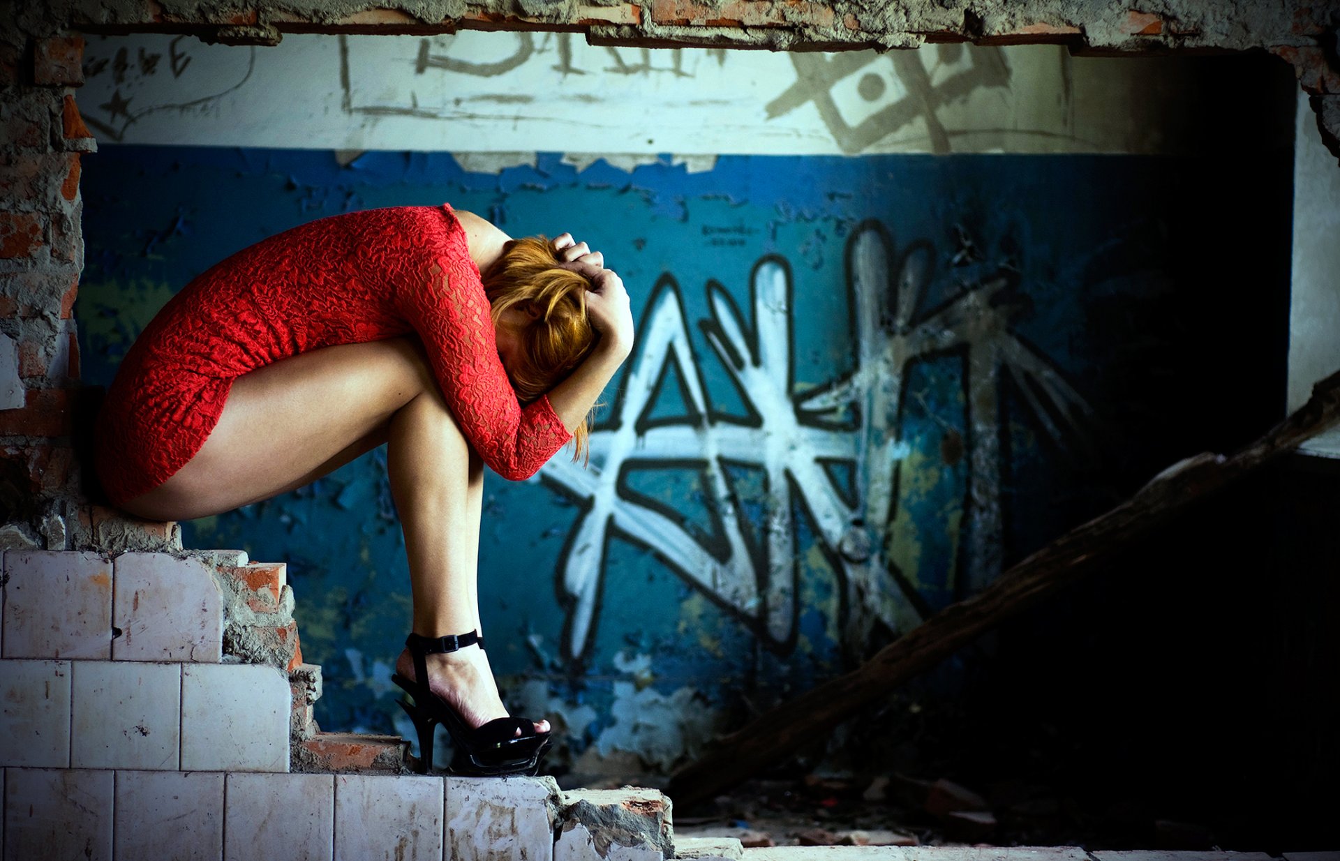 girl red dress premises ruins brick tile