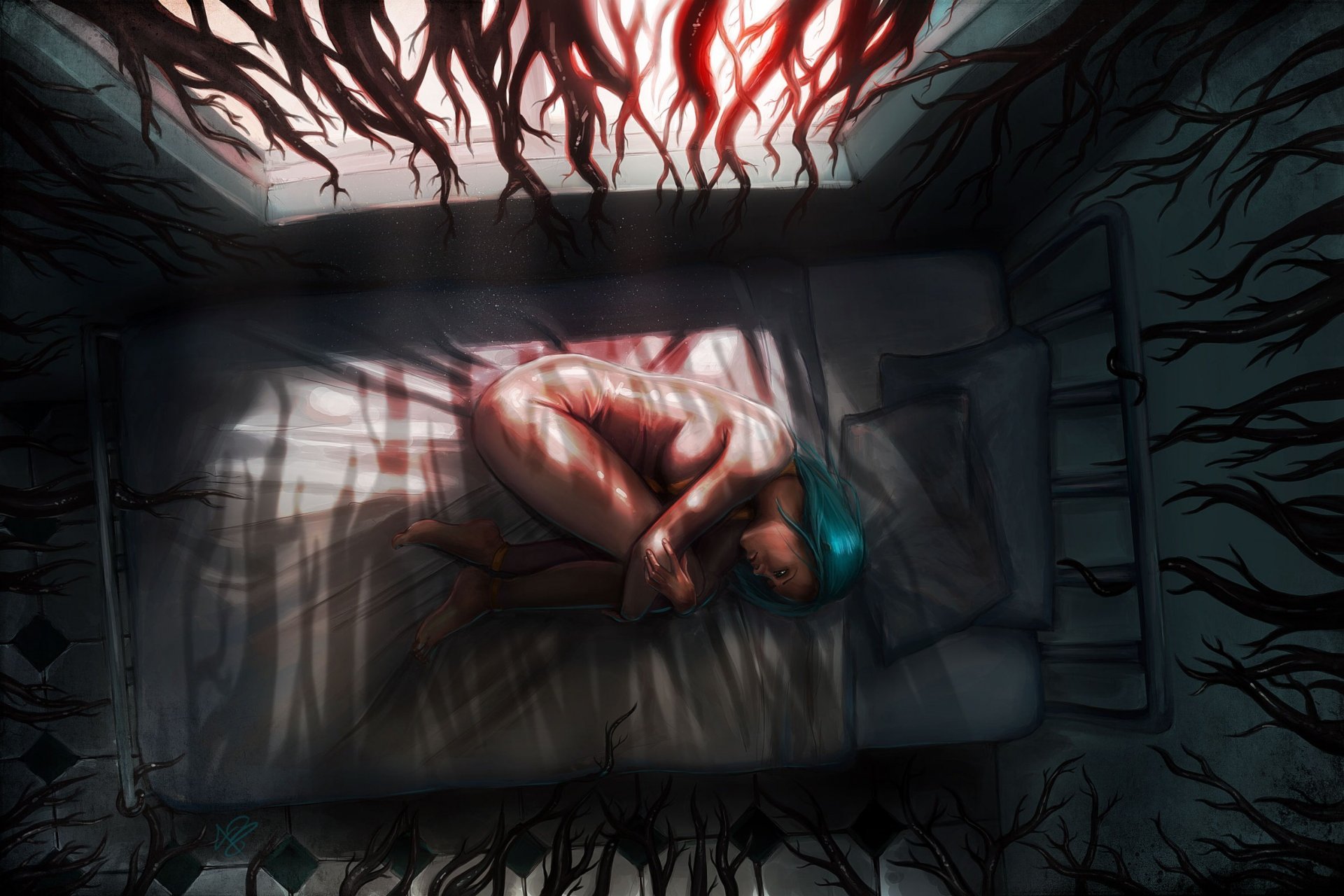 arte gina nelson ragazza letto tentacoli radici incubo