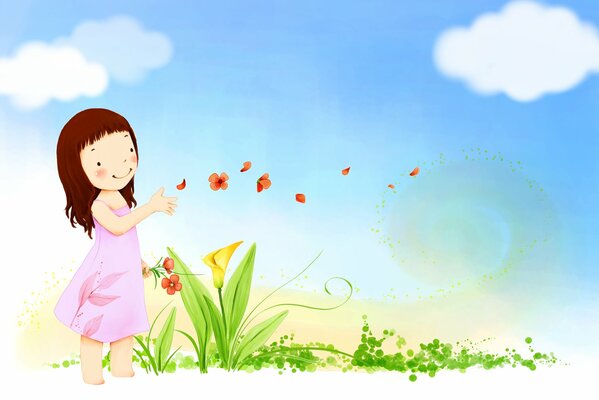 Children s wallpaper. Smiling girl in a dress with flowers