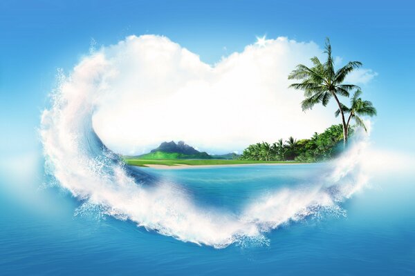 Cartolina dal resort a forma di cuore fatto di onde decorate con viste sull isola tropicale