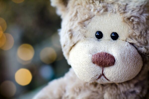 Sad teddy bear on the background of glare