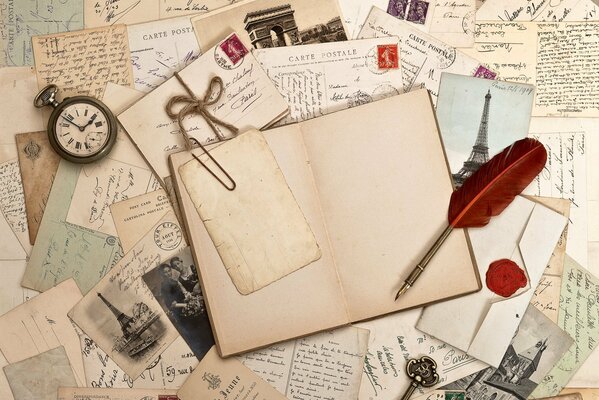 Retro. Vintage letters, pen, notebook and watch