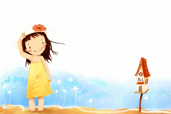 Imagen de una niña con un vestido amarillo y un sombrero al lado del buzón
