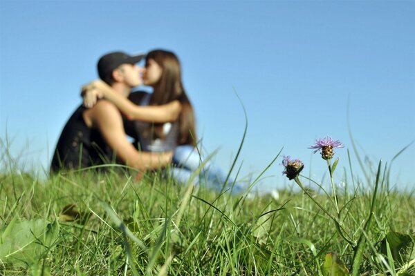 A girl and a guy in the grass kissing in nature