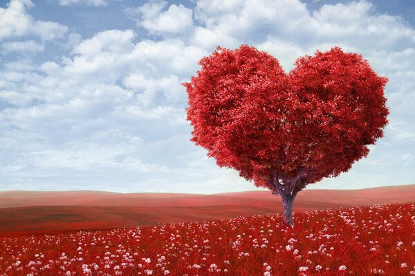 A red heart-shaped tree in a red meadow