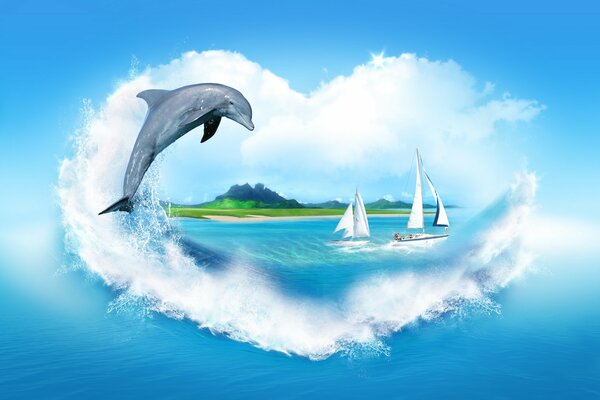 Serce z chmur z Morza wyskoczył Delfin i widać brzeg