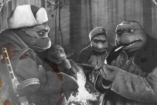 Black and white teenage mutant ninja turtles in Soviet overcoats with machine guns